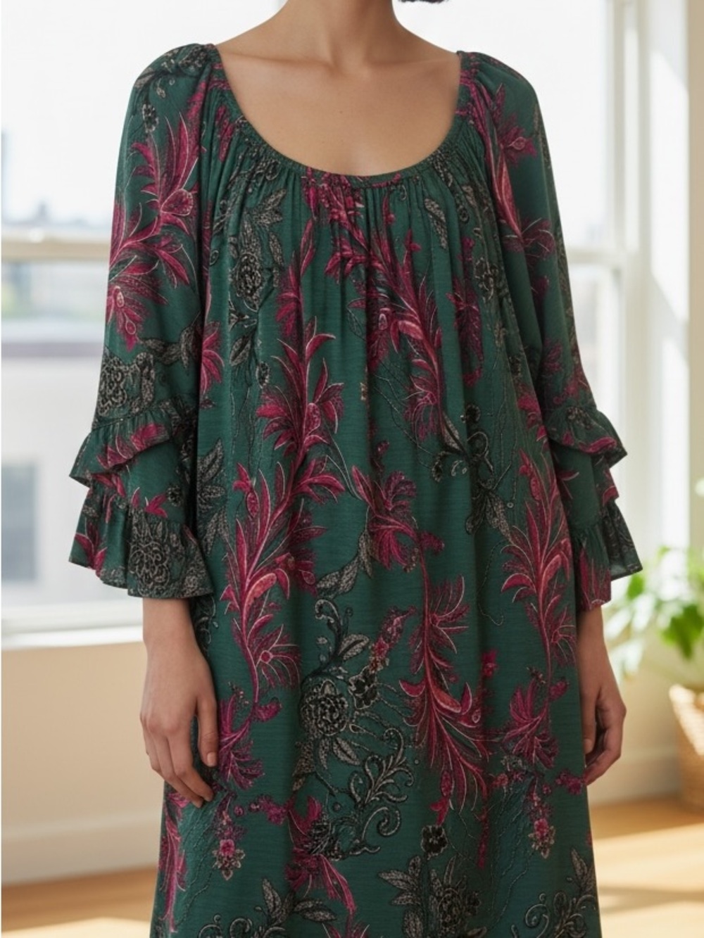 Floral Scoop-Neck Green & Magenta Women's Dress